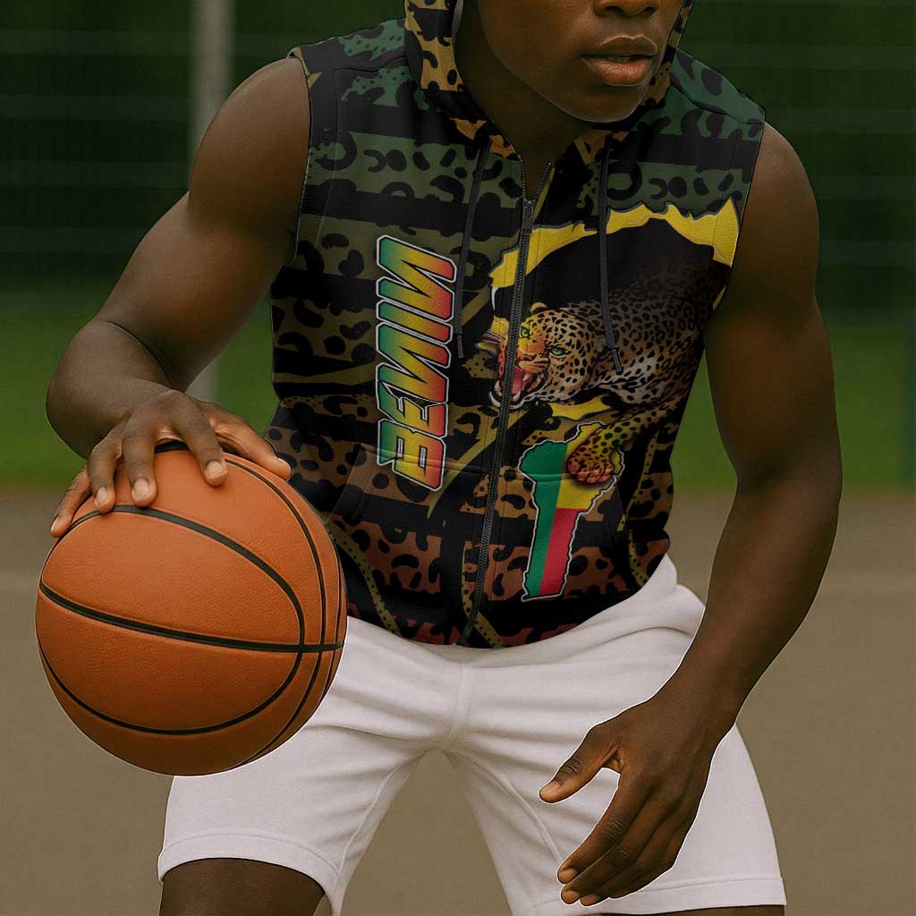 Personalized Benin Sleeveless Zip Hoodie Powerful African Leopard - African Pride