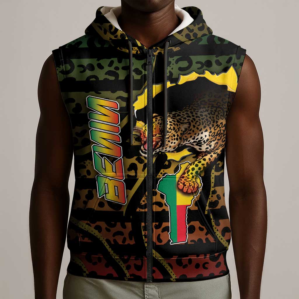 Personalized Benin Sleeveless Zip Hoodie Powerful African Leopard - African Pride