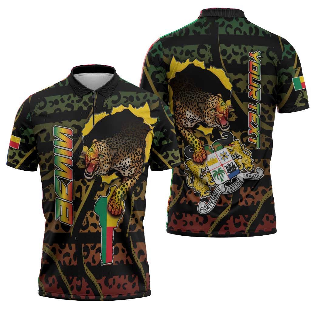 Personalized Benin Zipper Polo Shirt Powerful African Leopard - African Pride