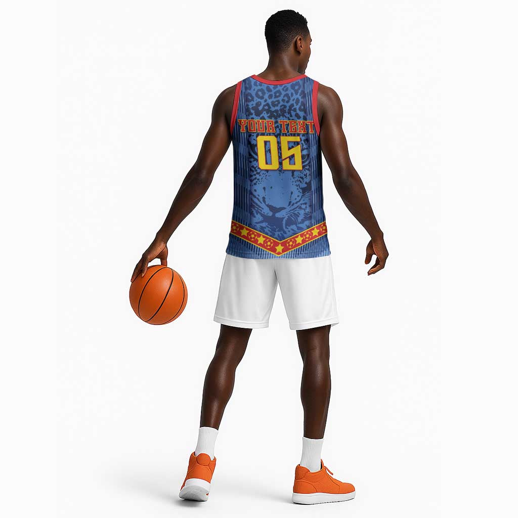 Custom DR Congo Football Basketball Jersey Leopard Jaguar Tribal Pattern With Flags