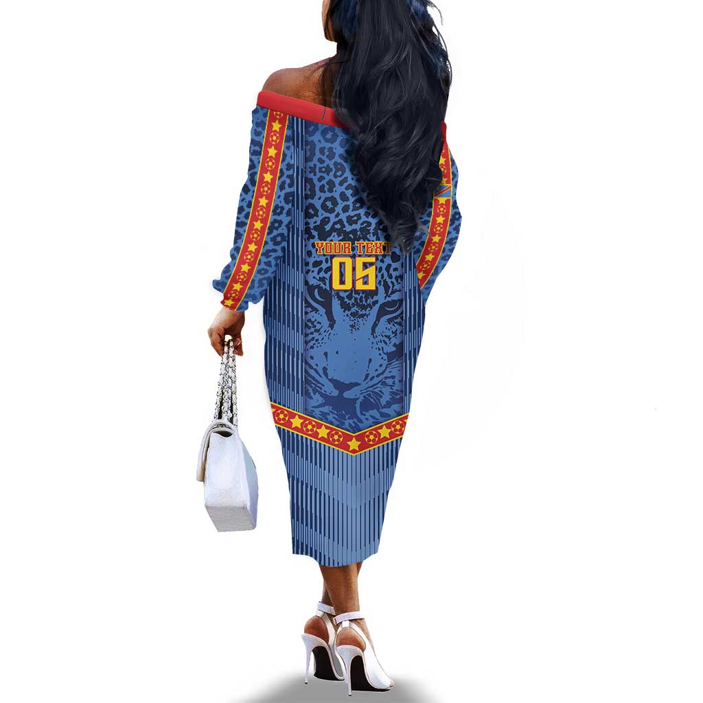 Custom DR Congo Football Off The Shoulder Long Sleeve Dress Leopard Jaguar Tribal Pattern With Flags