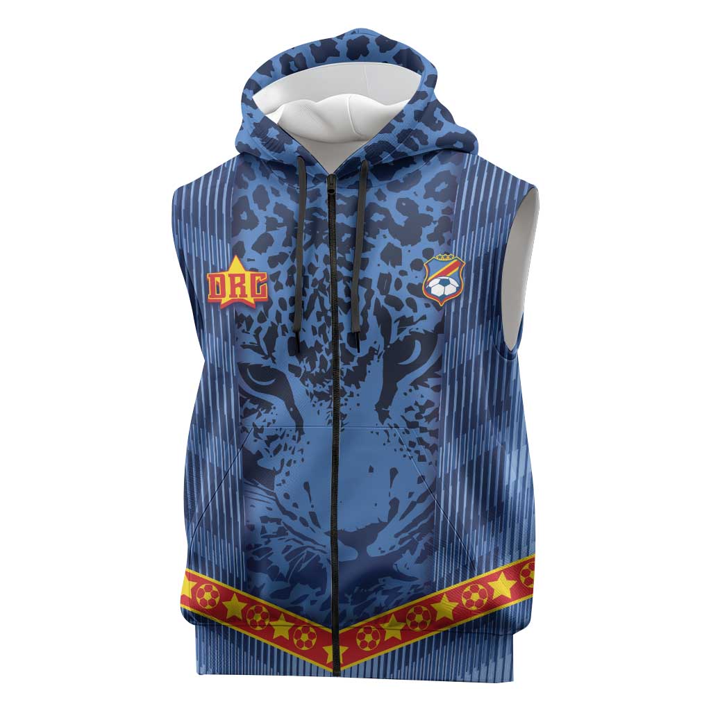 Custom DR Congo Football Sleeveless Zip Hoodie Leopard Jaguar Tribal Pattern With Flags