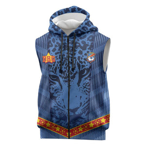 Custom DR Congo Football Sleeveless Zip Hoodie Leopard Jaguar Tribal Pattern With Flags