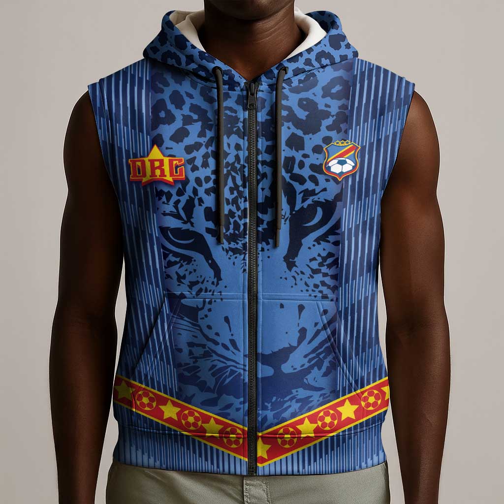 Custom DR Congo Football Sleeveless Zip Hoodie Leopard Jaguar Tribal Pattern With Flags