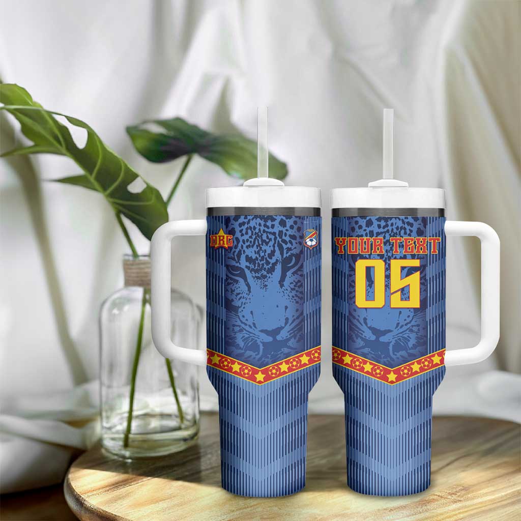Custom DR Congo Football Tumbler With Handle Leopard Jaguar Tribal Pattern With Flags