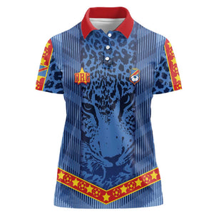 Custom DR Congo Football Women Polo Shirt Leopard Jaguar Tribal Pattern With Flags