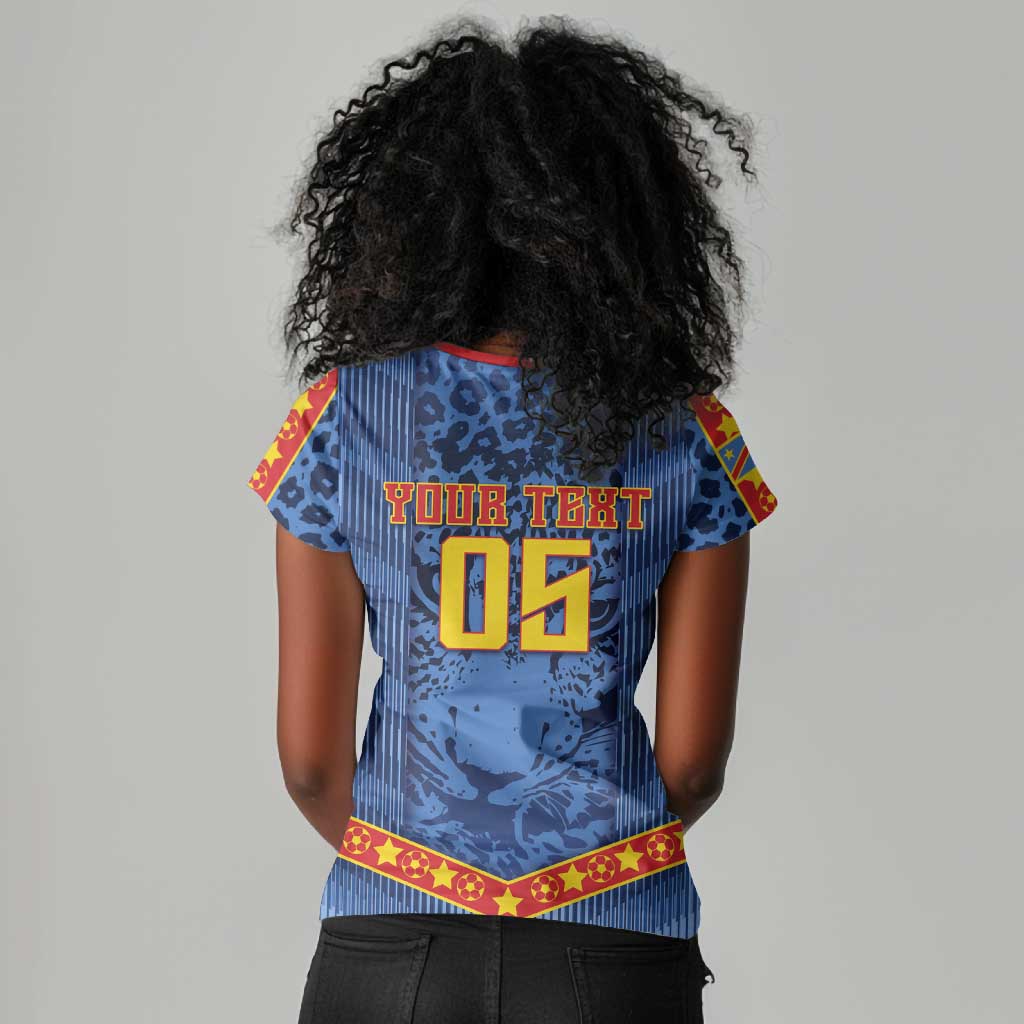 Custom DR Congo Football Women V-Neck T-Shirt Leopard Jaguar Tribal Pattern With Flags