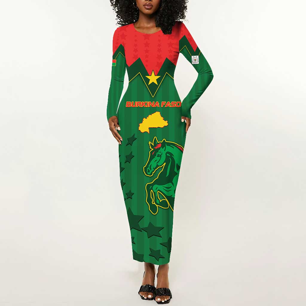 Custom Football Burkina Faso Long Sleeve Bodycon Dress Rising Star And Horse Sport Style - African Pride