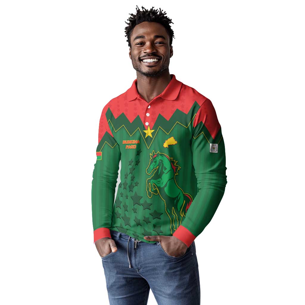 Custom Football Burkina Faso Long Sleeve Polo Shirt Rising Star And Horse Sport Style - African Pride