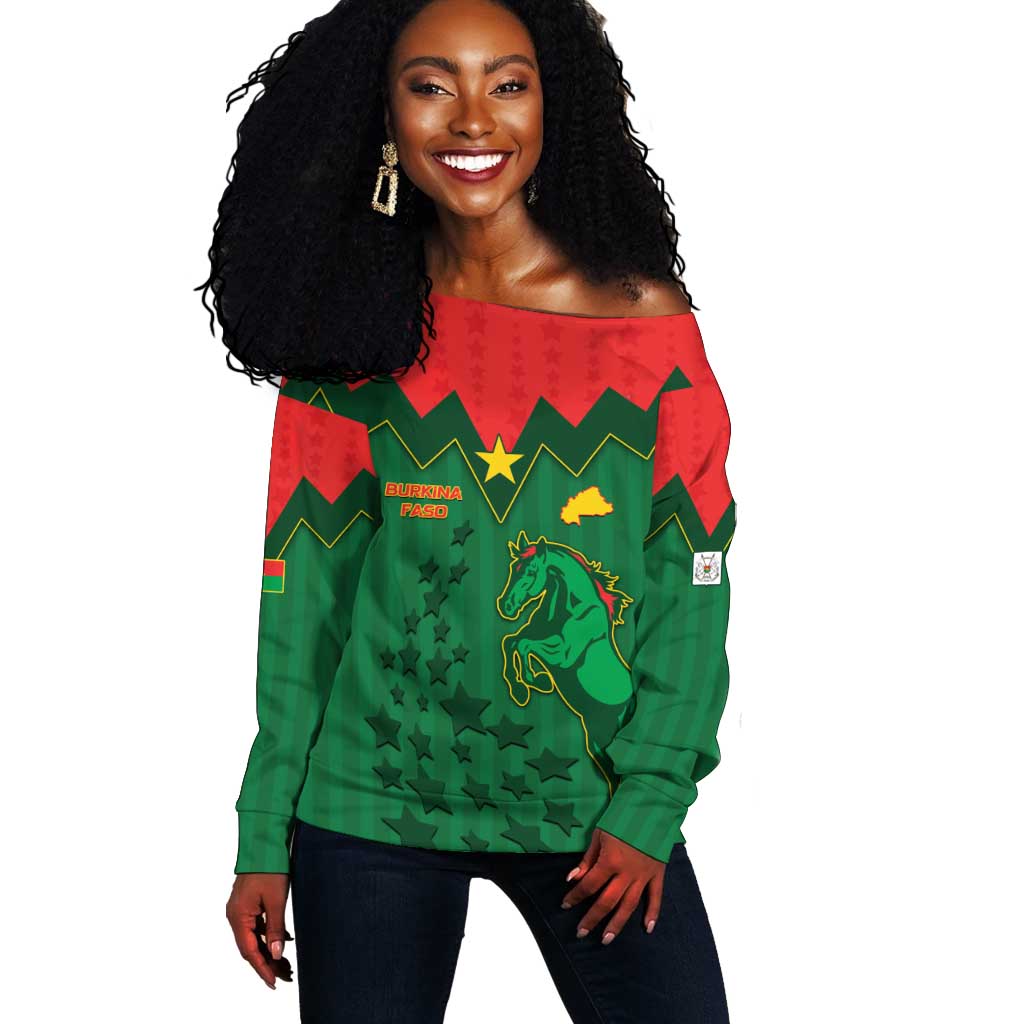Custom Football Burkina Faso Off Shoulder Sweater Rising Star And Horse Sport Style - African Pride