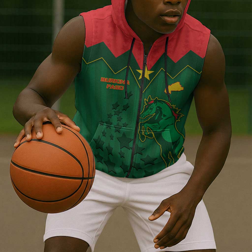 Custom Football Burkina Faso Sleeveless Zip Hoodie Rising Star And Horse Sport Style - African Pride