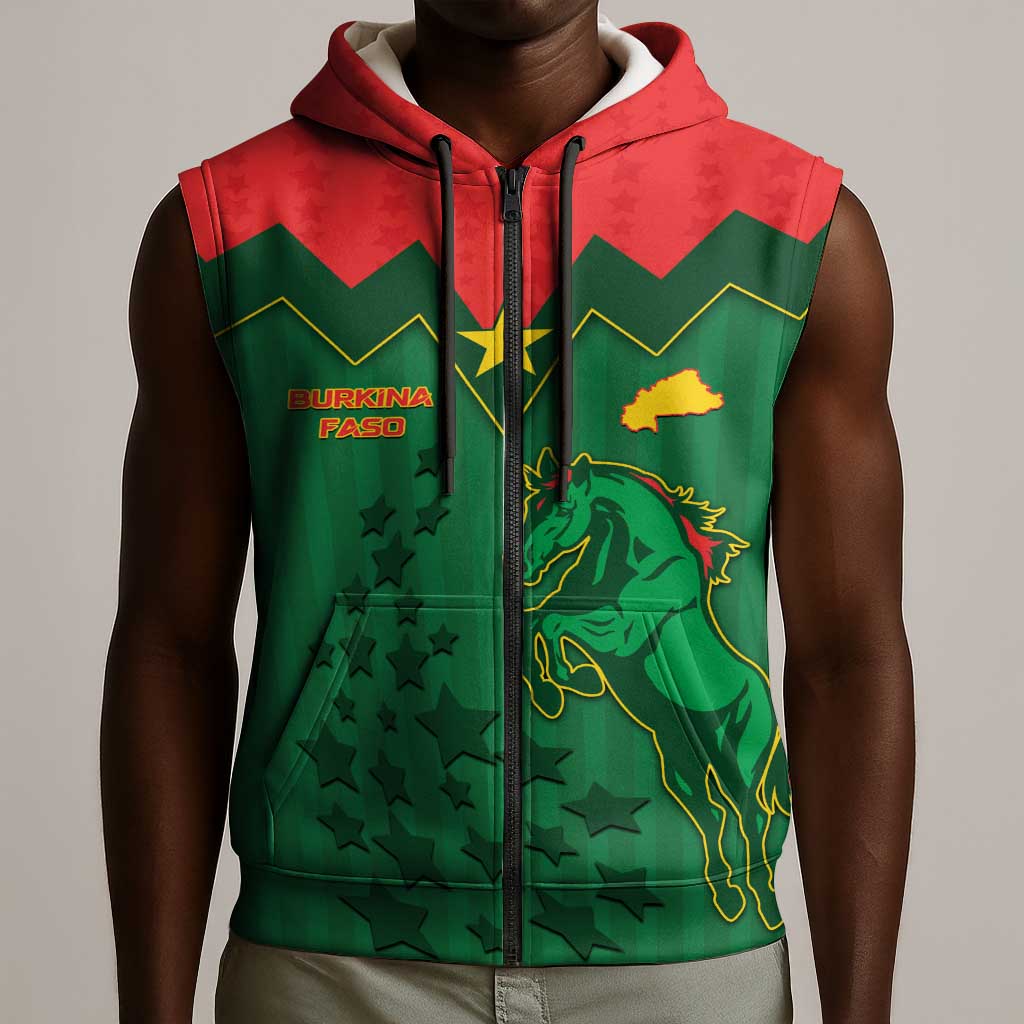 Custom Football Burkina Faso Sleeveless Zip Hoodie Rising Star And Horse Sport Style - African Pride