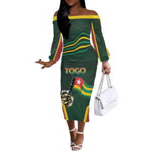 Personalized Togo Off The Shoulder Long Sleeve Dress Lion Claw Flag Sport Style - African Pride