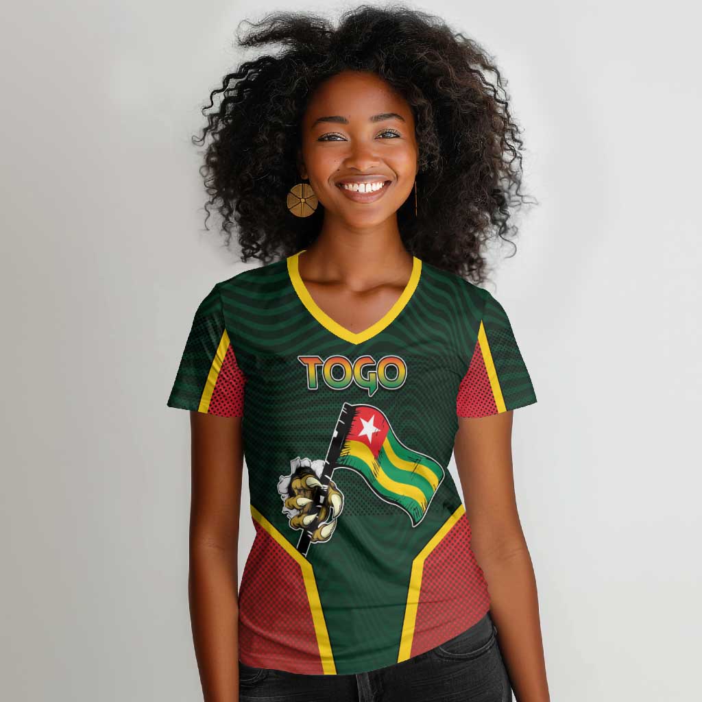 Personalized Togo Women V-Neck T-Shirt Lion Claw Flag Sport Style - African Pride