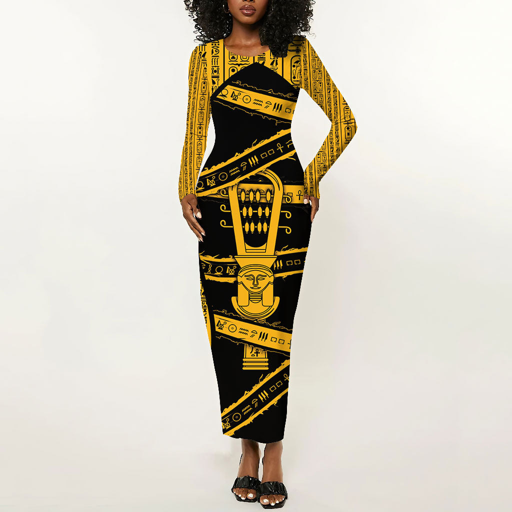 Egypt Sistrum Long Sleeve Bodycon Dress Ancient Mythology Sacred Rattling Instrument