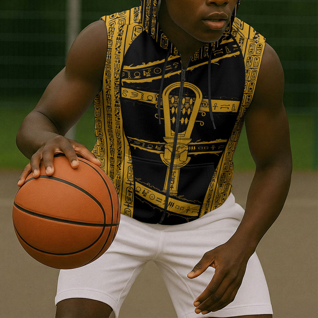 Egypt Sistrum Sleeveless Zip Hoodie Ancient Mythology Sacred Rattling Instrument
