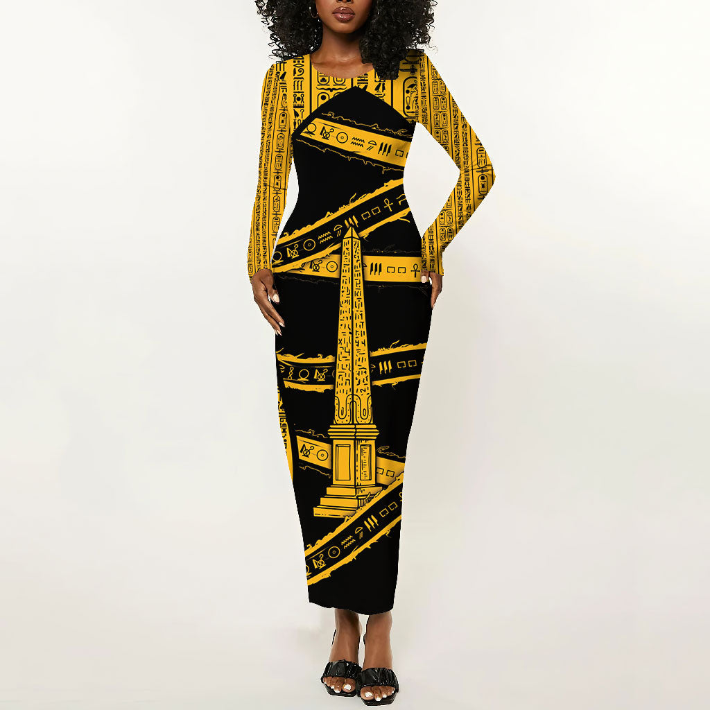 Egypt Obelisk Long Sleeve Bodycon Dress Ancient Mythology Sacred Sun Pillar