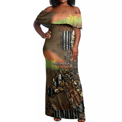Personalized Burkina Faso Off Shoulder Maxi Dress African Tribal Horse Patchwork Style - African Pride
