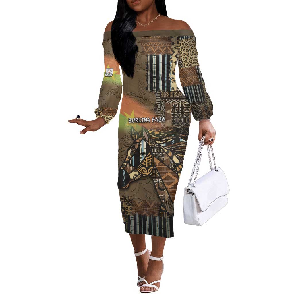 Personalized Burkina Faso Off The Shoulder Long Sleeve Dress African Tribal Horse Patchwork Style - African Pride