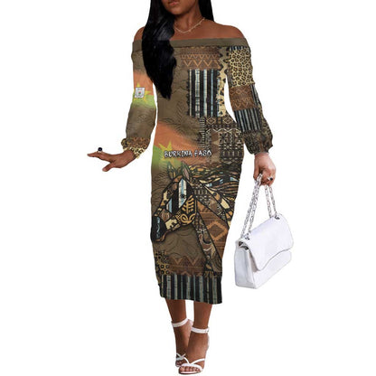 Personalized Burkina Faso Off The Shoulder Long Sleeve Dress African Tribal Horse Patchwork Style - African Pride