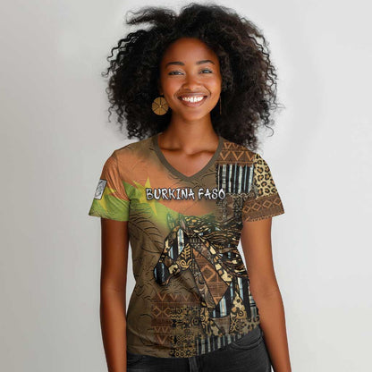 Personalized Burkina Faso Women V-Neck T-Shirt African Tribal Horse Patchwork Style - African Pride