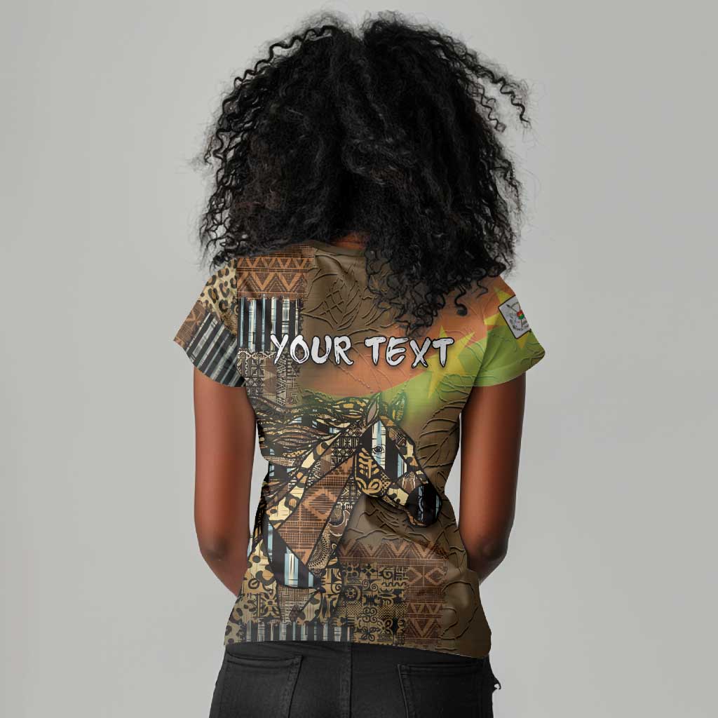 Personalized Burkina Faso Women V-Neck T-Shirt African Tribal Horse Patchwork Style - African Pride