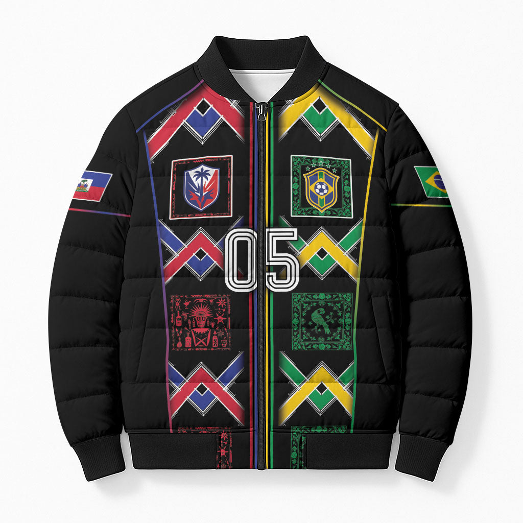 Custom Brazil And Haiti Football Bomber Puffer Jacket Mix Brazilian Haitian Roots
