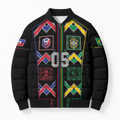 Custom Brazil And Haiti Football Bomber Puffer Jacket Mix Brazilian Haitian Roots