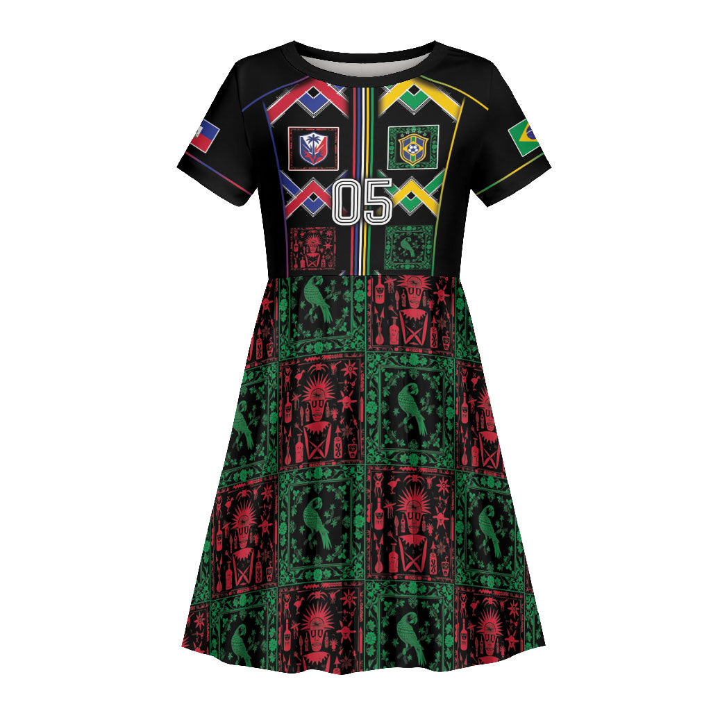 Custom Brazil And Haiti Football Kid Short Sleeve Dress Mix Brazilian Haitian Roots