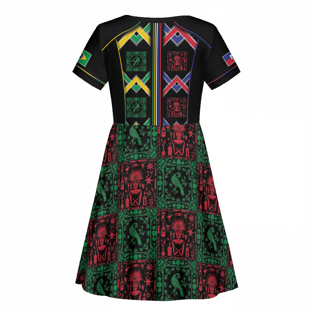 Custom Brazil And Haiti Football Kid Short Sleeve Dress Mix Brazilian Haitian Roots