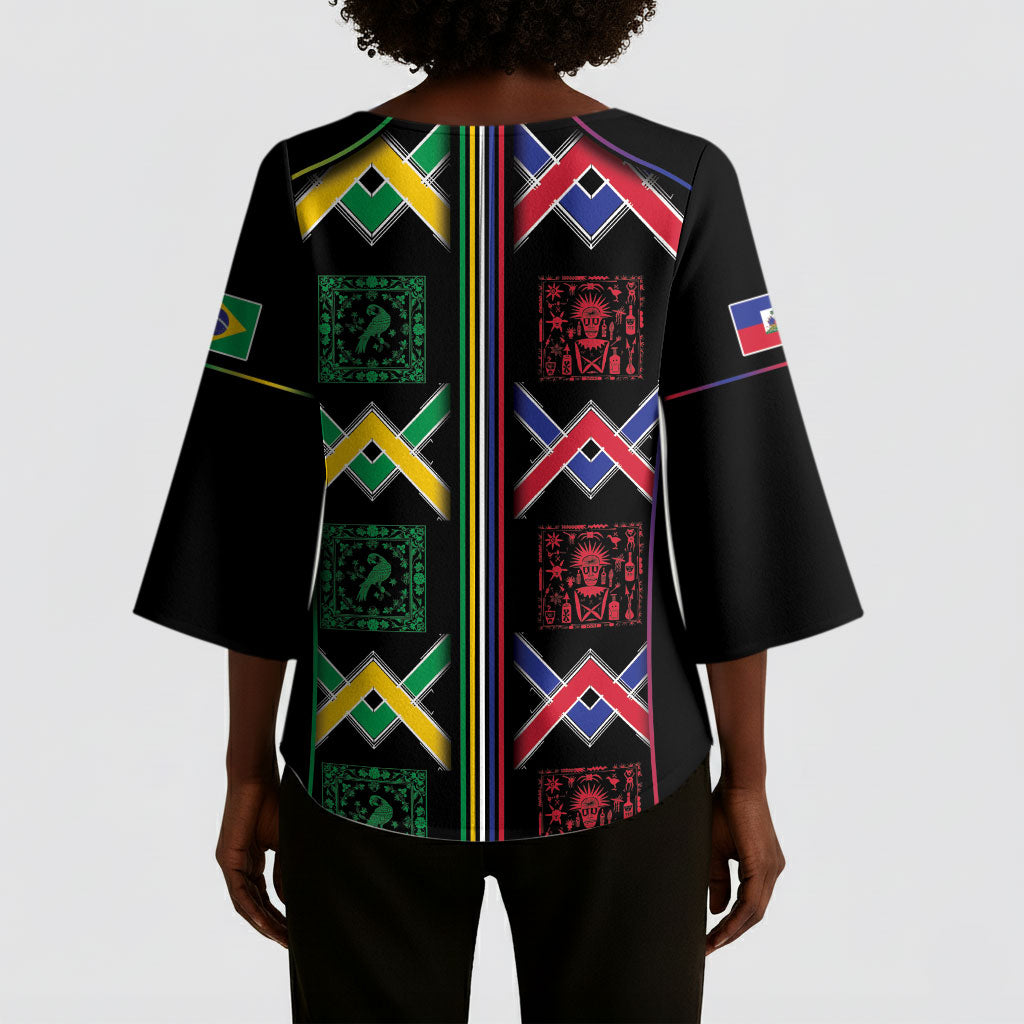 Custom Brazil And Haiti Football Kimono Sleeve Blouse Mix Brazilian Haitian Roots