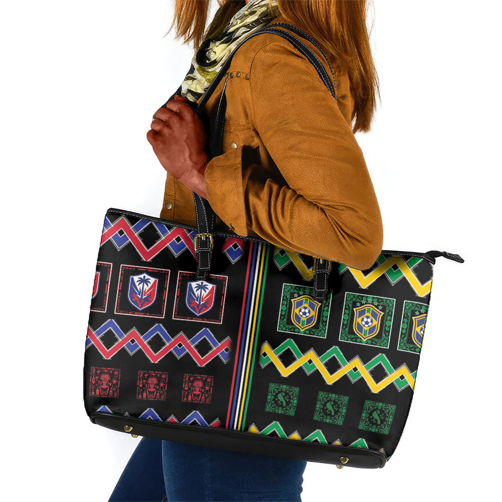 Brazil And Haiti Football Leather Tote Bag Mix Brazilian Haitian Roots