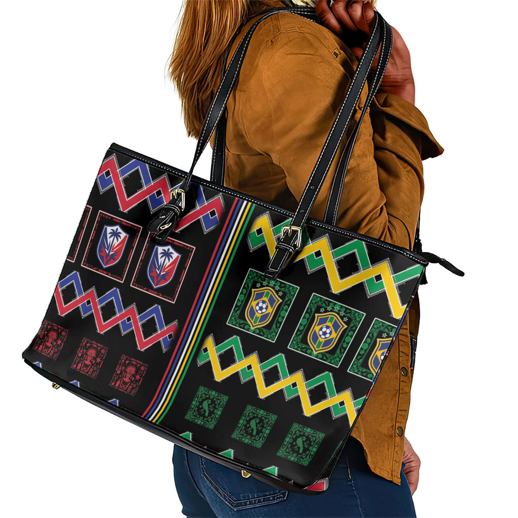 Brazil And Haiti Football Leather Tote Bag Mix Brazilian Haitian Roots