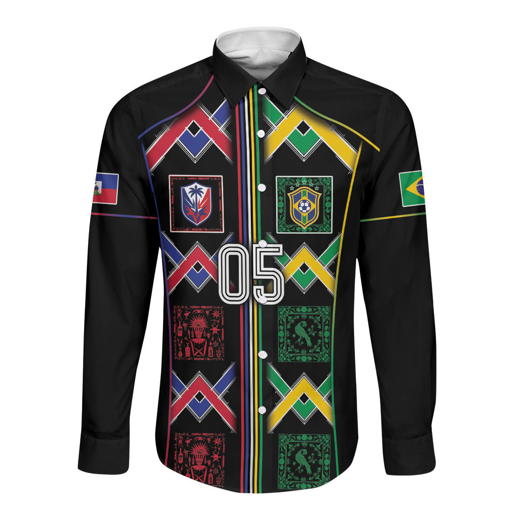 Custom Brazil And Haiti Football Long Sleeve Button Shirt Mix Brazilian Haitian Roots
