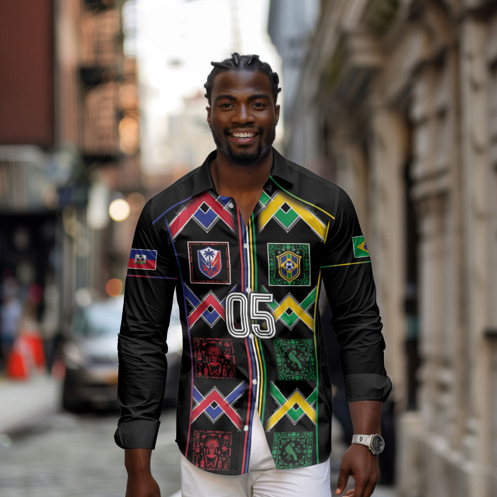 Custom Brazil And Haiti Football Long Sleeve Button Shirt Mix Brazilian Haitian Roots