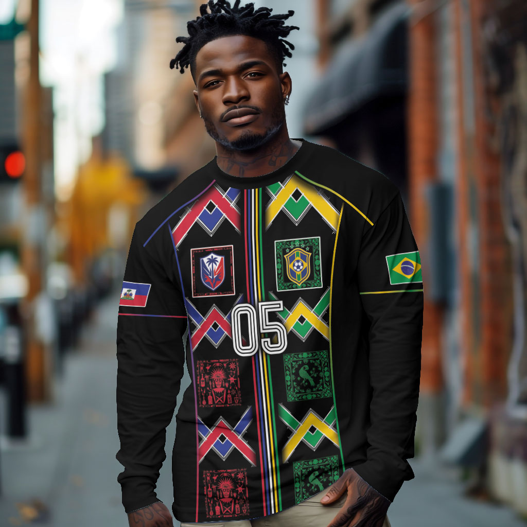 Custom Brazil And Haiti Football Long Sleeve Shirt Mix Brazilian Haitian Roots