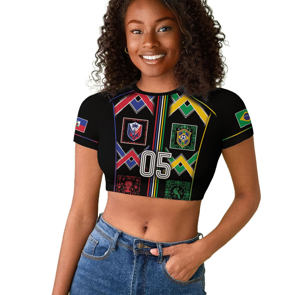 Custom Brazil And Haiti Football Raglan Cropped T shirt Mix Brazilian Haitian Roots