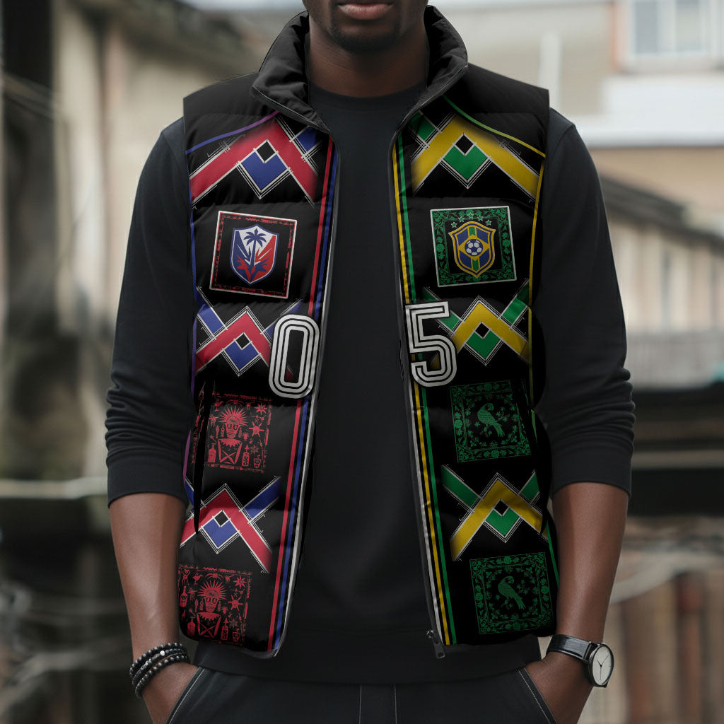 Custom Brazil And Haiti Football Sleeveless Puffer Jacket Mix Brazilian Haitian Roots