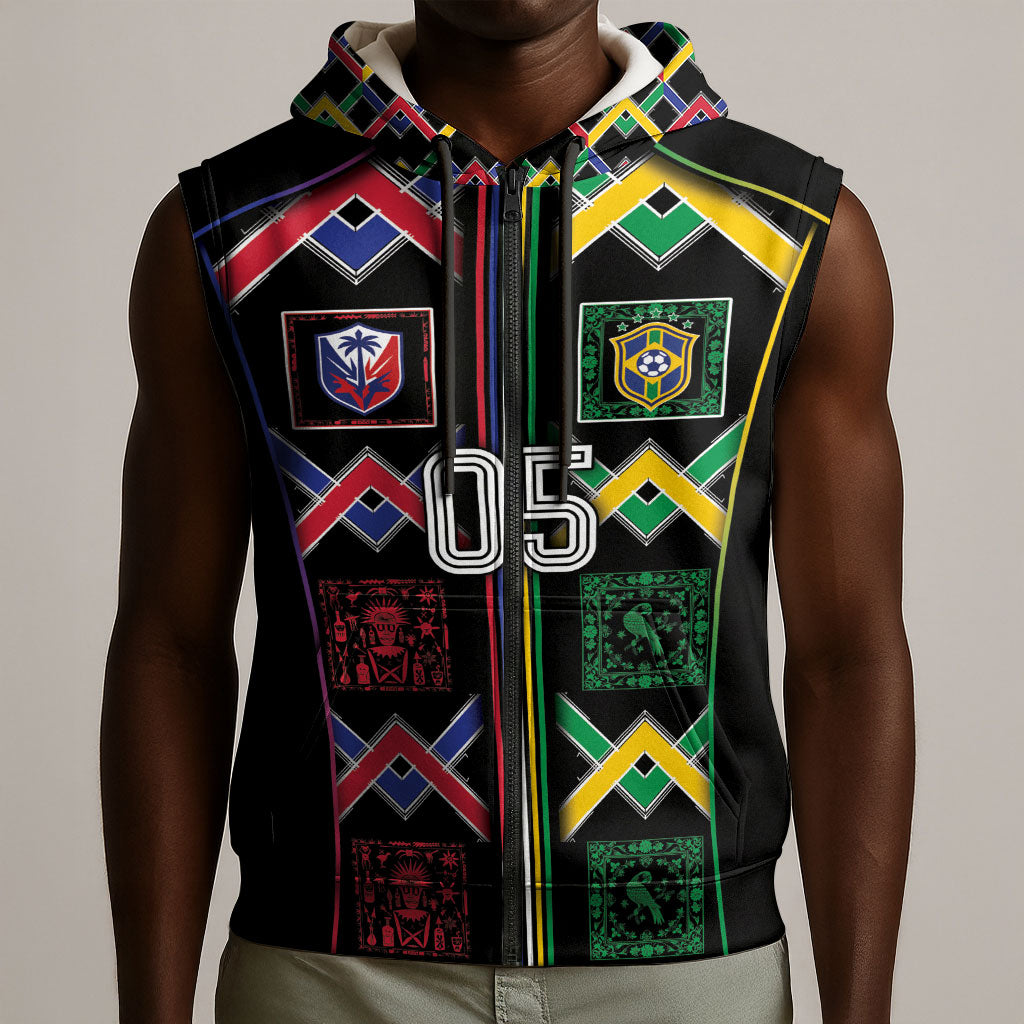 Custom Brazil And Haiti Football Sleeveless Zip Hoodie Mix Brazilian Haitian Roots
