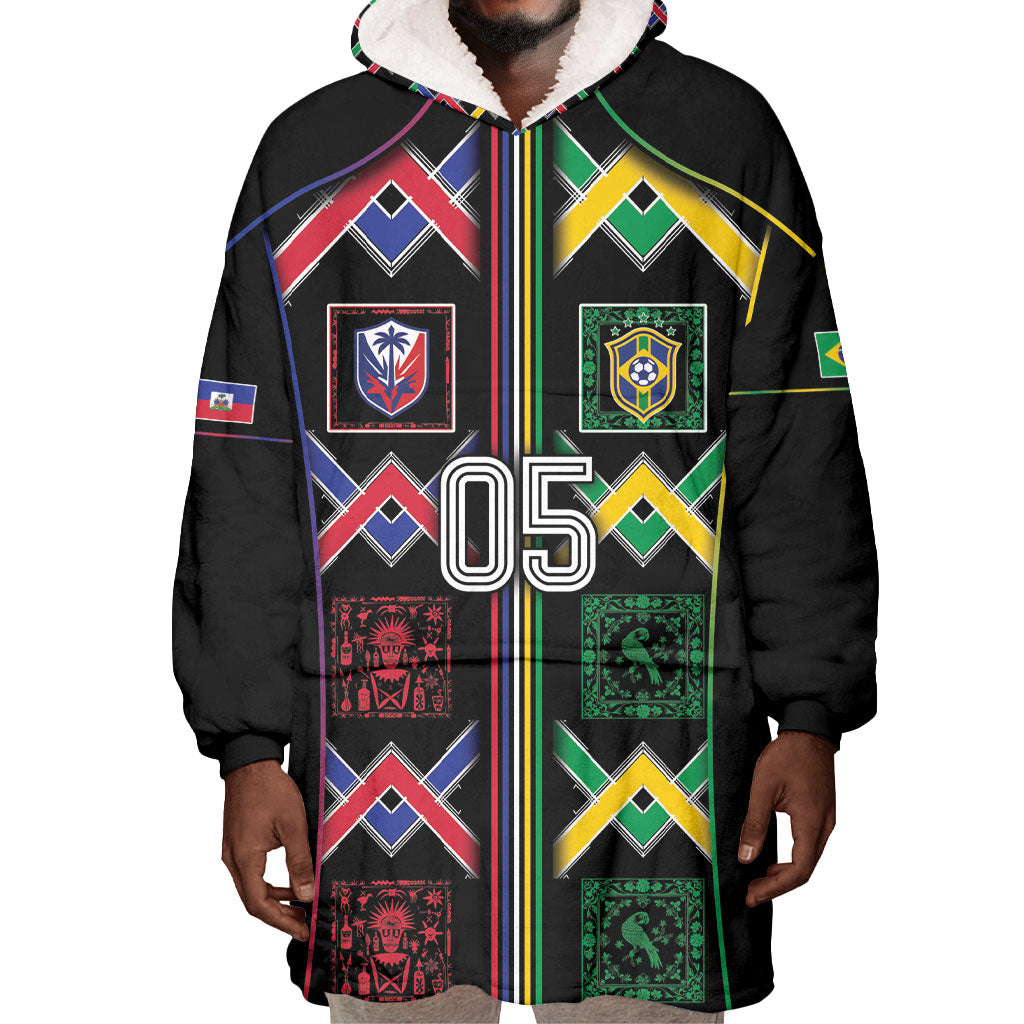 Custom Brazil And Haiti Football Wearable Blanket Hoodie Mix Brazilian Haitian Roots