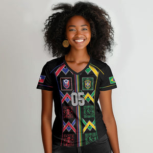 Custom Brazil And Haiti Football Women V-Neck T-Shirt Mix Brazilian Haitian Roots