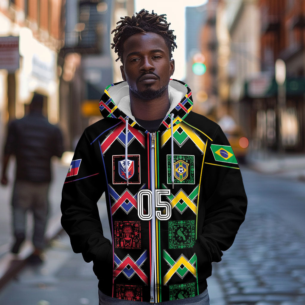 Custom Brazil And Haiti Football Zip Hoodie Mix Brazilian Haitian Roots