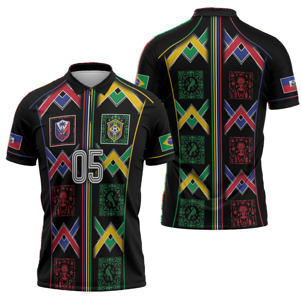 Custom Brazil And Haiti Football Zipper Polo Shirt Mix Brazilian Haitian Roots