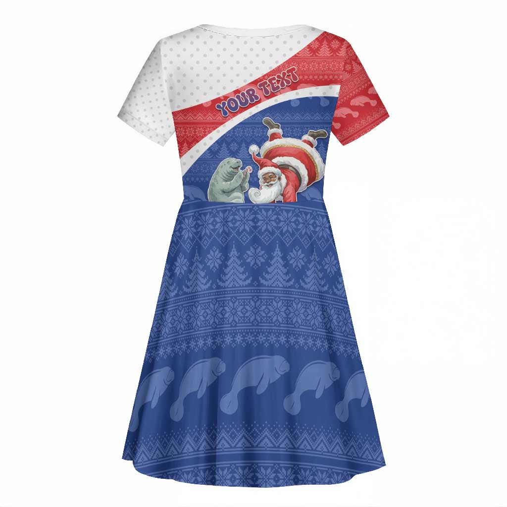 Personalized Cape Verde Christmas Kid Short Sleeve Dress Black Santa Clause With The Manatee - African Pride