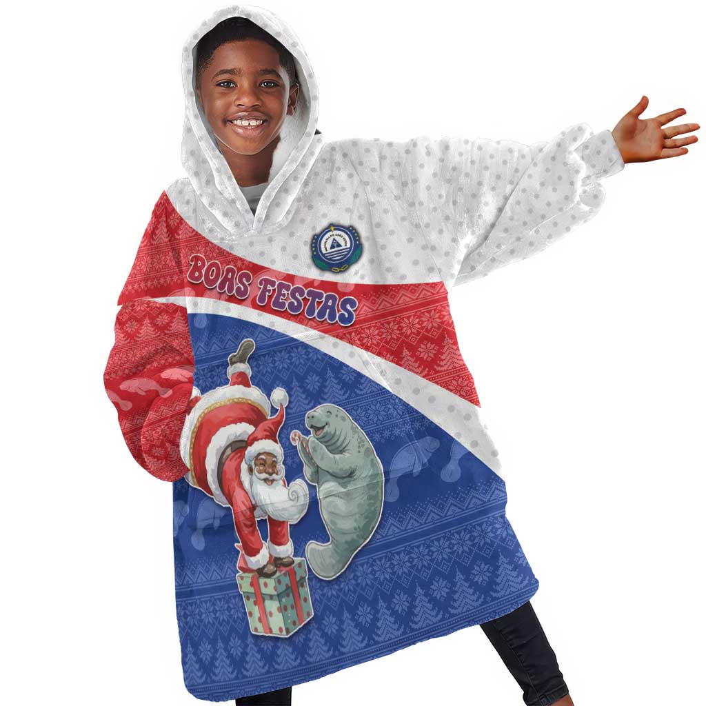 Personalized Cape Verde Christmas Kid Wearable Blanket Hoodie Black Santa Clause With The Manatee - African Pride