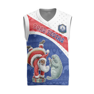 Personalized Cape Verde Christmas Knitted V-Neck Vest Black Santa Clause With The Manatee - African Pride