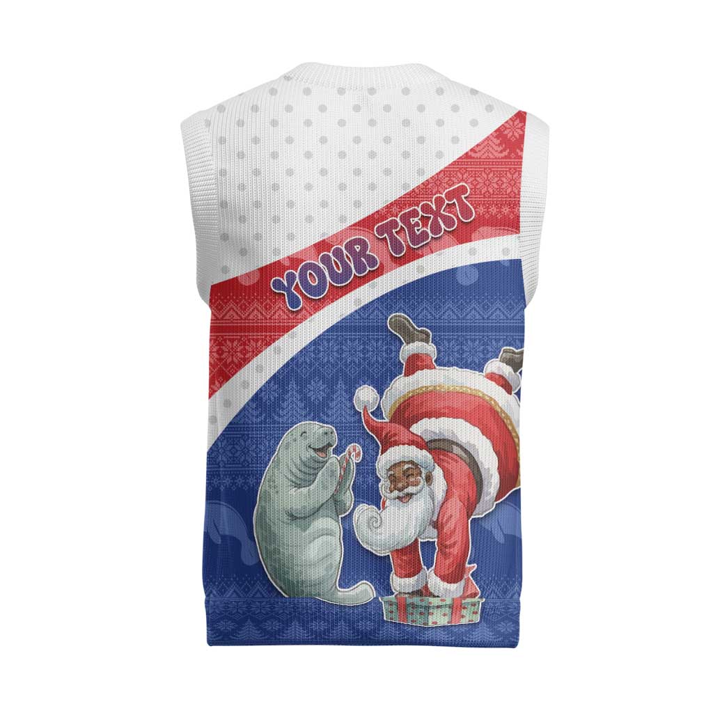 Personalized Cape Verde Christmas Knitted V-Neck Vest Black Santa Clause With The Manatee - African Pride