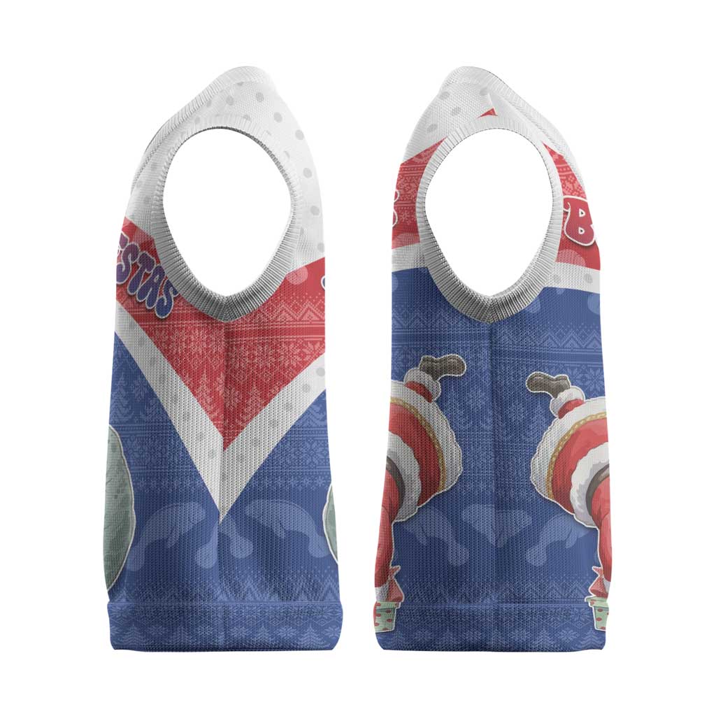 Personalized Cape Verde Christmas Knitted V-Neck Vest Black Santa Clause With The Manatee - African Pride