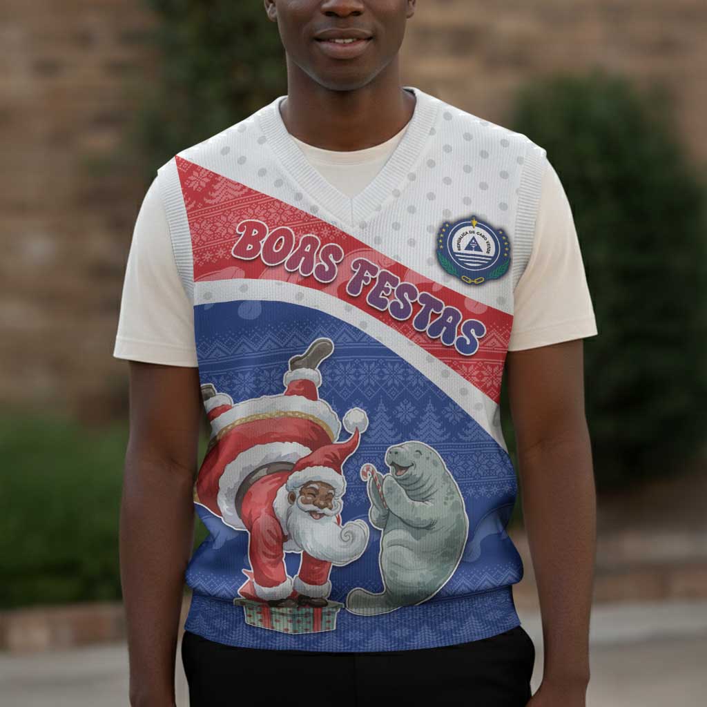 Personalized Cape Verde Christmas Knitted V-Neck Vest Black Santa Clause With The Manatee - African Pride