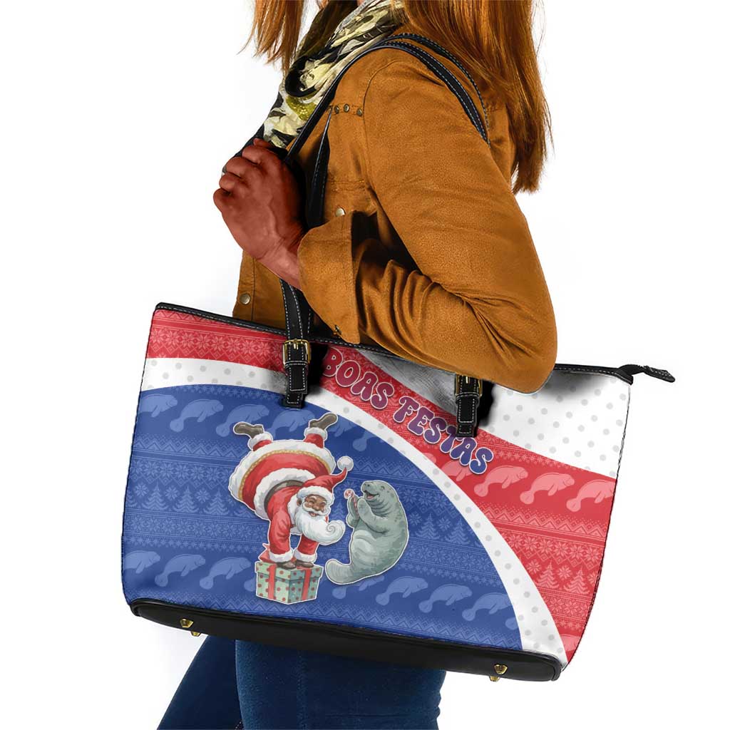 Cape Verde Christmas Leather Tote Bag Black Santa Clause With The Manatee - African Pride